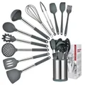 Set di 12 utensili da cucina in silicone grigio scuro con manici in acciaio e supporto - Set da 12 (Scatola a colori) / Cachi