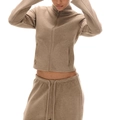 Detail of brown waffle knit tracksuit showing zip-up jacket and drawstring joggers texture - Coffee Brown Hoodie