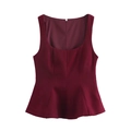Wine red slim fit sleeveless peplum top with elegant asymmetric hem on white background - XS / Burgundy