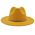 Close-up of bright yellow wool fedora hat featuring a stylish narrow metal band detail - Yellow (Gold Ring)