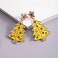 Detailed close-up of Christmas tree earrings with yellow enamel and multicolored crystals - Yellow Multi-layer Christmas Tree