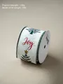 Christmas tree ribbon in cream with Joy text and green stitched edges, 6cm wide - Off-white Ribbon With Green Joy And Tree Print