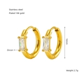 Close-up of 16mm gold plated stainless steel earrings with rectangular zircon inlay - 18K Gold / White Zirconia