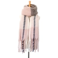 Thick pink and grey plaid scarf with long fringe tassels worn by a model in white background - 05# Pink Plaid