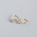French style S925 silver hoop earrings with gold finish and purple diamond flowers - Golden (Purple Stone)