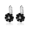 Elegant flower earrings with black teardrop crystals in silver lever-back setting - Platinum Plated Black Zirconia