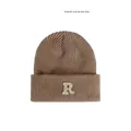 Thick knit coffee brown beanie for women with a white letter R patch on the cuff - R Label-Khaki