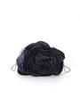 Dark blue satin evening clutch bag featuring 3D floral petals and a silver chain strap - Dark Blue