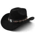 Dettaglio cappello cowboy nero in pelle scamosciata con fascia in cuoio e borchie turchesi - M (56-58cm) / Nero