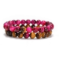 Detailed view of pink opal and brown tiger eye 8mm natural stone beaded bracelets - Yellow Tiger Eye + Rose Red Tiger Eye