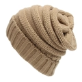 Close-up of khaki winter knit hat showing thick ribbed texture and warm elastic material - One Size / Camel