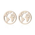 Macro shot of gold circular world map stud earrings with hollow geometric design - 130 World Map - Gold