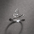 Elegant black metal ring with three diamond butterflies and a pear-cut gemstone - Gun Black Butterfly Teardrop Zirconia Style (WG-0362)