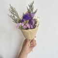 Detail of mini dried flower bouquet with purple and white blooms in newspaper wrap - Vintage Mini 6-Color Forget-me-not