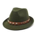Dark green wool fedora with brown leather band and silver metal buckle decoration - M (56-58cm) / Army Green