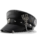 Black leather punk military hat with skull motifs, silver rivets and metal chains - Black Skull Hand Chain Style(01)