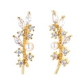 Elegante scalatore per orecchie a foglia d'oro con cristalli e perle bianche - Oro