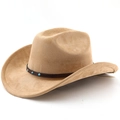 Detail of camel suede cowboy hat with brown leather band and turquoise studs - Dark Camel