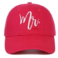 Detail of red cotton baseball cap featuring white Mr. script embroidery on the front - MR / Rose Red