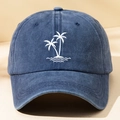 Close-up of white palm tree and wave embroidery on blue washed cotton baseball cap - One Size / Navy Blue