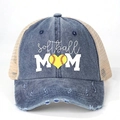 Vintage washed denim ponytail trucker hat with Softball Mom print and mesh back - One Size / Navy Blue/Beige