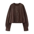 Dark brown suede jacket for women with crew neck and metallic buttons on white background - XS / Coffee