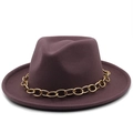Dettaglio del cappello fedora in lana viola con catena decorativa in metallo dorato spessa - M (56-58cm) / Grigio Viola Chiaro
