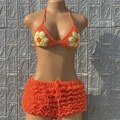Handmade crochet bikini set in orange with yellow floral patterns and ruffled shorts - Adult Free Size / Orange