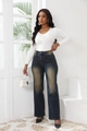 Women's white ribbed buttoned top paired with dark blue wide leg denim jeans set - S / Navy Blue
