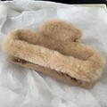 Detail of plush rectangular hair claw clip in khaki faux fur for autumn winter hairstyles - 12CM Rectangle / Khaki