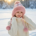 Winter plush trapper hat with pink plaid knit and cute faux fur pom-poms for women - Pocket Multi-Pom Style / Pink