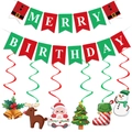 Merry Birthday Christmas banner set with festive cartoon reindeer and Santa spiral pendants - Christmas Banner and Hanging Swirls Set