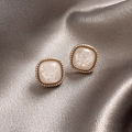 Elegant gold-plated square studs with white marble shell inlay on champagne silk background - 18# Gold Frame White Textured Studs