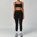 Two-piece black ribbed yoga set featuring a square neck sports bra and high-waisted leggings - S / Sports Bra + Leggings / Premium Black