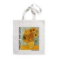 White canvas tote bag featuring Van Gogh Sunflowers art print with sturdy shoulder straps - Sunflowers 1888 Vertical