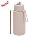 Cream-colored 1L stainless steel vacuum insulated sports bottle with straw and brush - Milk Tea Color / 1 L