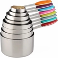 Nesting stainless steel measuring cup set with colorful silicone handles and scales - 8-Piece Measuring Cup Set (Colored Handles)