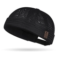 Men's breathable black mesh brimless skull cap featuring vintage leather side patch - Black