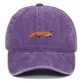 Close-up of intricate fox embroidery on vintage washed purple cotton baseball cap - Purple