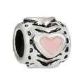 Silver bead charm with pink enamel heart detail for DIY bracelets and necklaces - Retro Pink Heart Cylinder Bead (041)