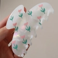 Pearlescent white translucent hair claw clip with pink tulip pattern for women - Pink Tulip (H592)