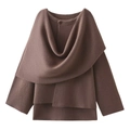 Dark brown knitted shawl cardigan with single button and layered design on white background - S / Camel