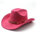 Detail of felt cowboy hat in rose pink with brown leather band and gold buckle accent - M(56-59CM) / Rose Red