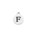 Detailed view of polished stainless steel round pendant with engraved black letter F - Steel Letter F