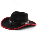 Detail of black cowboy hat with bull head ornament and red woven brim trim - M(56-58cm) / Black With Stitching