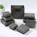 Dark green premium jewelry gift box set with matching paper shopping bag detail view - Lid and Base Style (Mist Gray) / 7x9x3cm