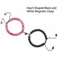 Detail of couple magnetic heart bracelet with pink textured and matte black beads - Pink Black Matte Stone Style (WB0654-08)