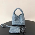 Sac hobo en denim tressé avec pochette assortie et bandoulière en chaîne bleue - Mini / Flocon de Neige Bleu