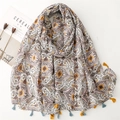 Vintage bohemian sun-protective scarf with Naxi patterns and decorative tassels - Beige Base Yellow & Grey Geometric Paisley (SL2408-006)