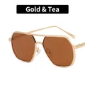 Gafas de sol aviador clásicas de doble puente con lentes marrón dorado y montura dorada - Té Dorado